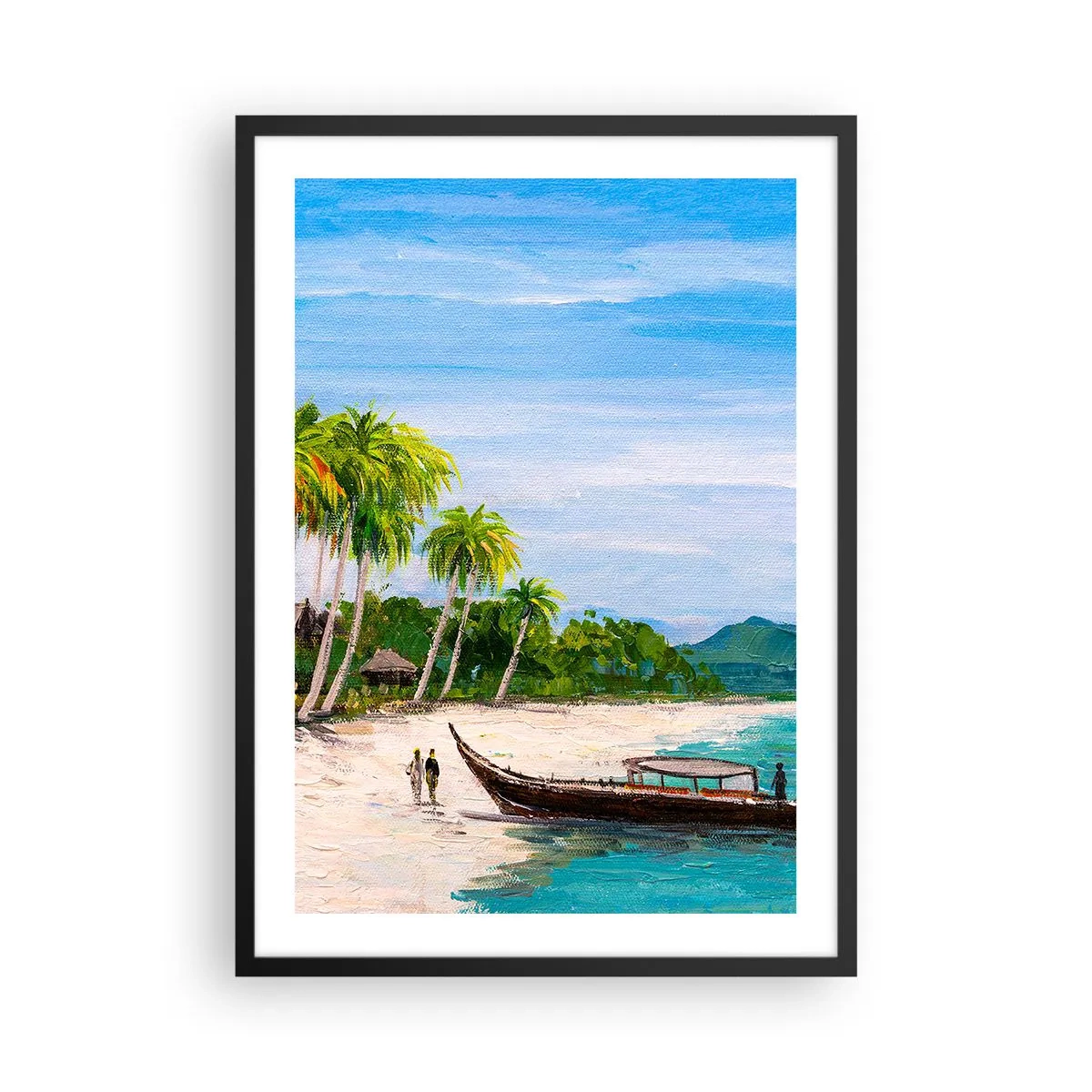 Affiche dans un cadre noir - Poster - Plage tropicale avec palmiers et un bateau sur le rivage - 50x70cm - Rêve exotique - Décoration murale moderne pour le salon et la chambre ARTTOR