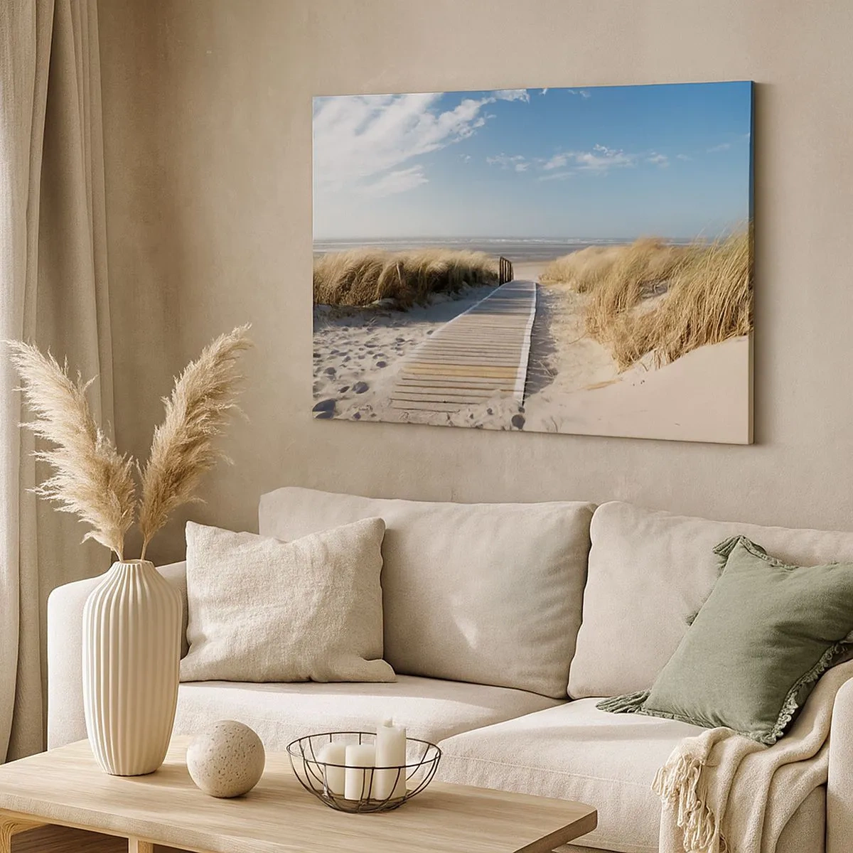 Impression sur toile - Image sur toile - Un chemin en bois mène à travers les dunes jusqu'à la mer calme - 70x50cm - Derrière la dune, dans le bruissement de l'herbe - Décoration murale moderne pour le salon et la chambre ARTTOR