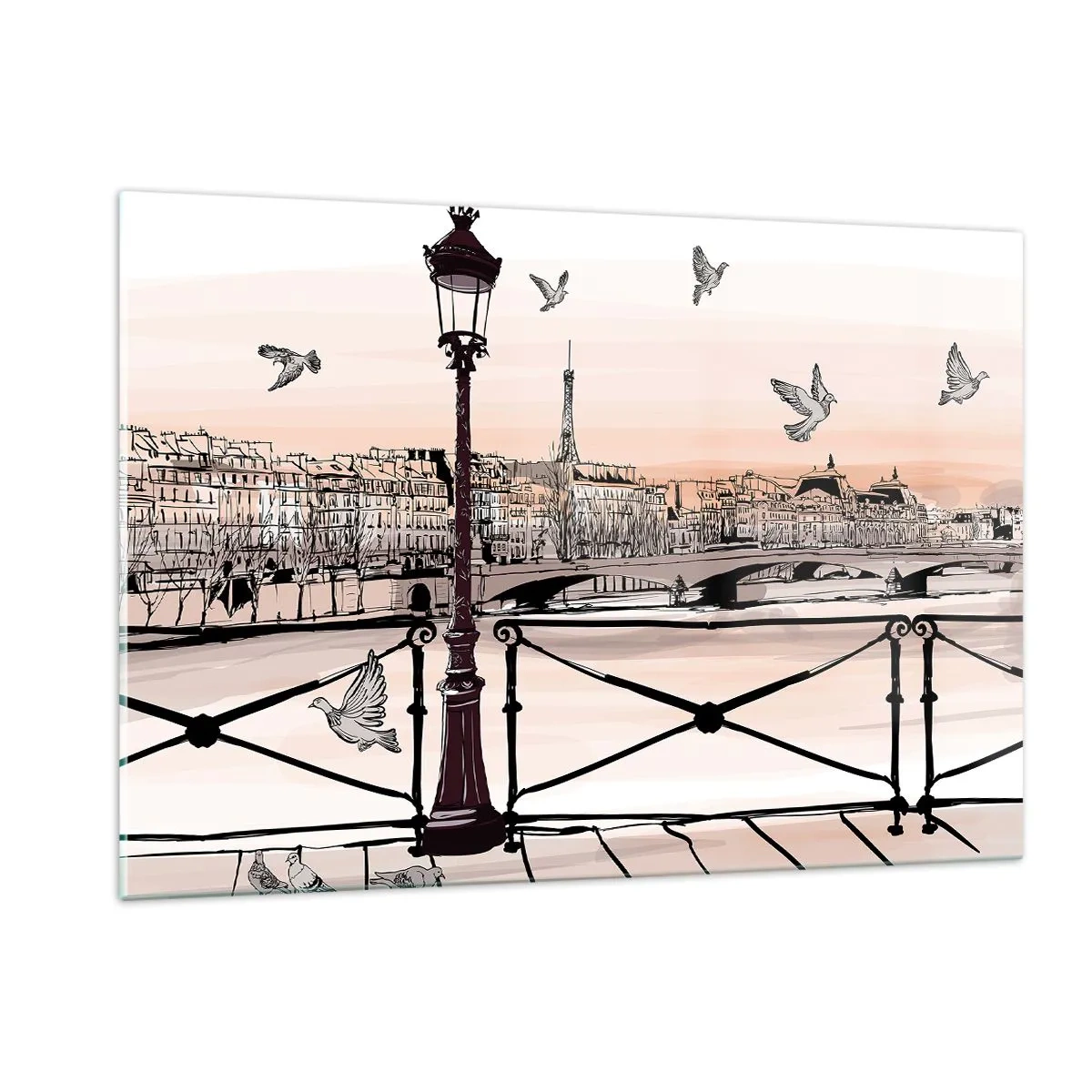 Impression sur verre - Image sur verre - Illustration d'une rue parisienne avec vue sur la Tour Eiffel à l'aube - 120x80cm - Sur les toits de Paris - Décoration murale moderne pour le salon et la chambre ARTTOR