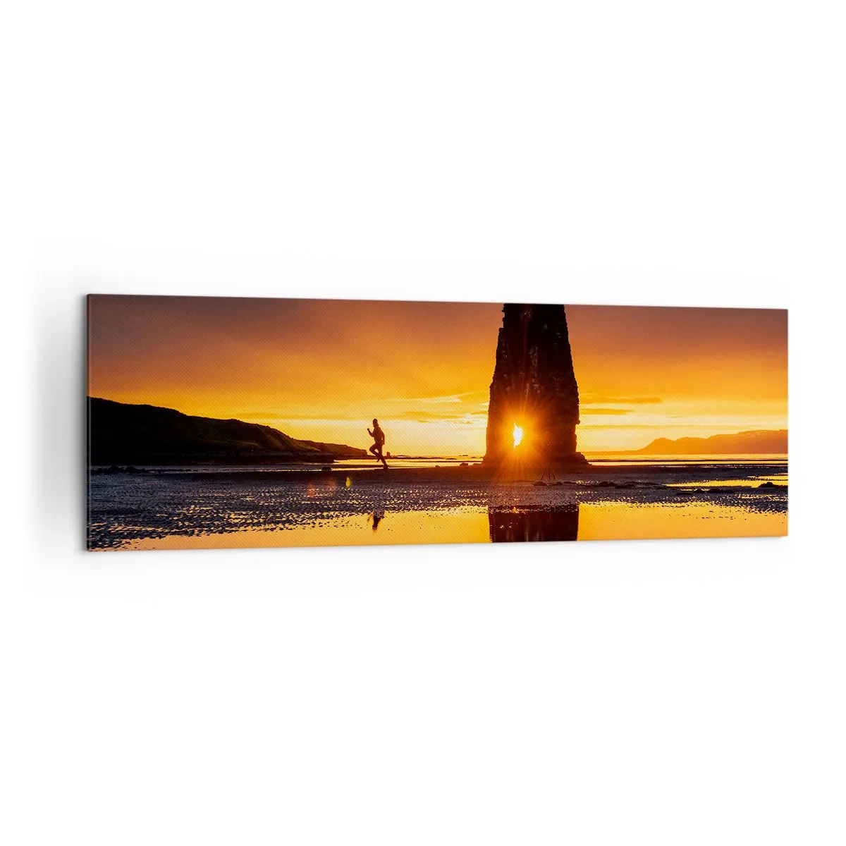 Impression sur toile - Image sur toile - Personne courant sur la plage au coucher du soleil avec formation rocheuse - 160x50cm - Juste vous et la nature - Décoration murale moderne pour le salon et la chambre ARTTOR