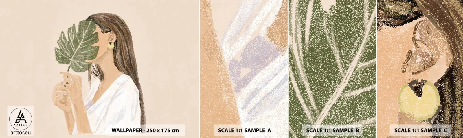 Échantillon De Papier Peint Standard Eco - Portrait mystérieux avec un éventail - Feuille, Femme, Bohème - 100x30 cm