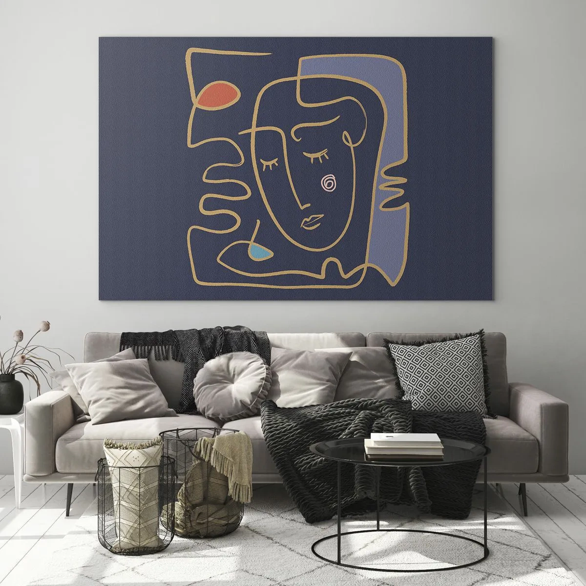 Impression sur verre - Image sur verre - Visage abstrait en contour sur fond bleu marine - 70x50cm - En réflexion - Décoration murale moderne pour le salon et la chambre ARTTOR