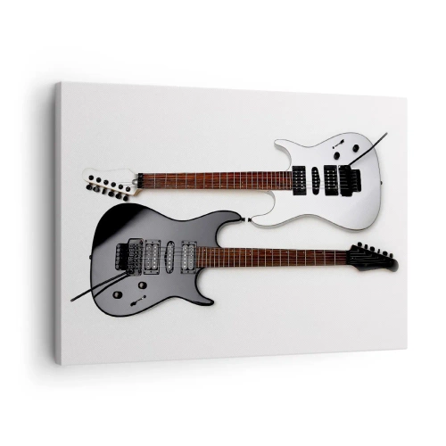 Impression sur toile - Image sur toile - Deux guitares électriques en noir et blanc sur fond clair. - 70x50cm - Harmonie des formes - Décoration murale moderne pour le salon et la chambre ARTTOR