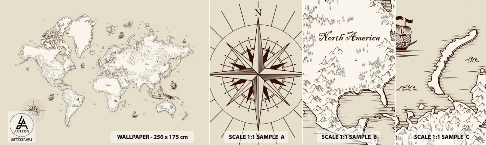 Échantillon De Papier Peint Standard Eco - Voyage autour du monde - Carte du monde, Continents, Navire pirate - 100x30 cm