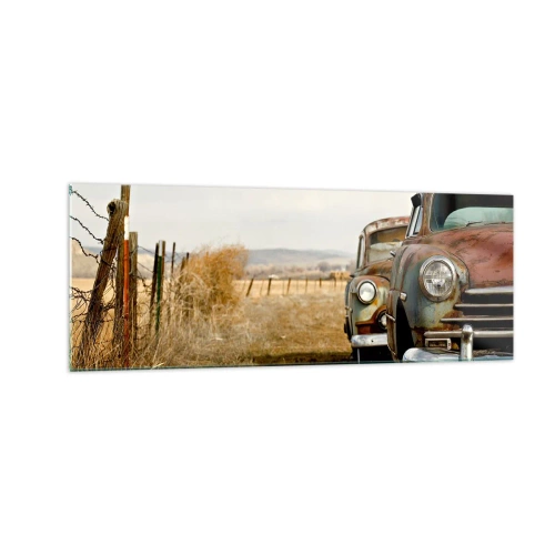Impression sur verre - Image sur verre - Deux vieilles voitures sur un chemin de terre à côté d'une clôture en bois - 140x50cm - Repos bien mérité - Décoration murale moderne pour le salon et la chambre ARTTOR
