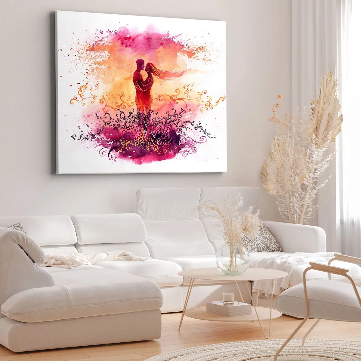 Impression sur toile - Image sur toile - Un couple s'embrassant sur un motif abstrait rose et orange - 100x70cm - Un coeur! Je n'ai pas besoin de beaucoup… - Décoration murale moderne pour le salon et la chambre ARTTOR