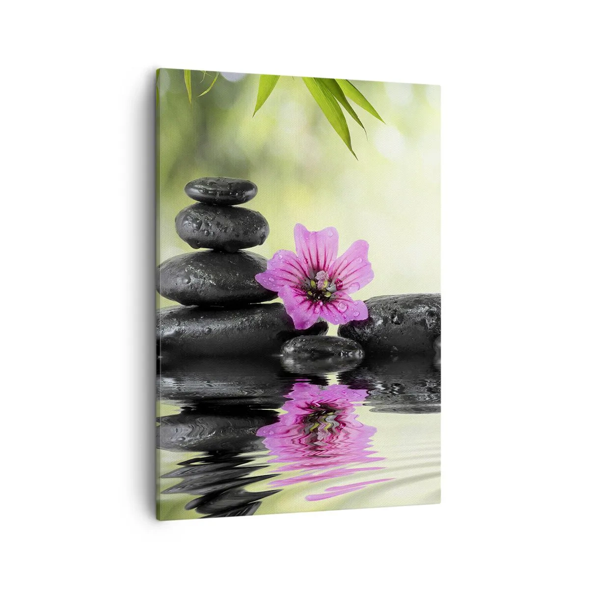 Impression sur toile - Image sur toile - Des pierres zen et une fleur rose se reflétant dans l'eau - 50x70cm - Temps pour l'âme - Décoration murale moderne pour le salon et la chambre ARTTOR