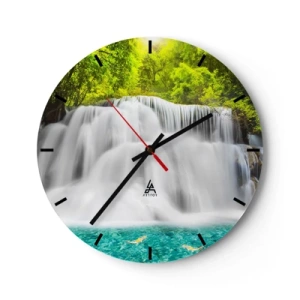 Horloge murale - Pendule murale - Une cascade entourée de verdure avec de l'eau turquoise à la base - 30x30cm - Une cascade mousseuse du vert à l'azur - Décoration murale moderne pour le salon, la cuisine et la chambre ARTTOR