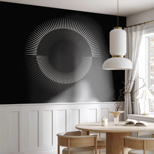 Papier Peint Photo Premium Sand - Cercle blanc rayonnant sur fond noir - 100x70cm - Soleil noir - Décoration murale moderne pour le salon et la chambre ARTTOR