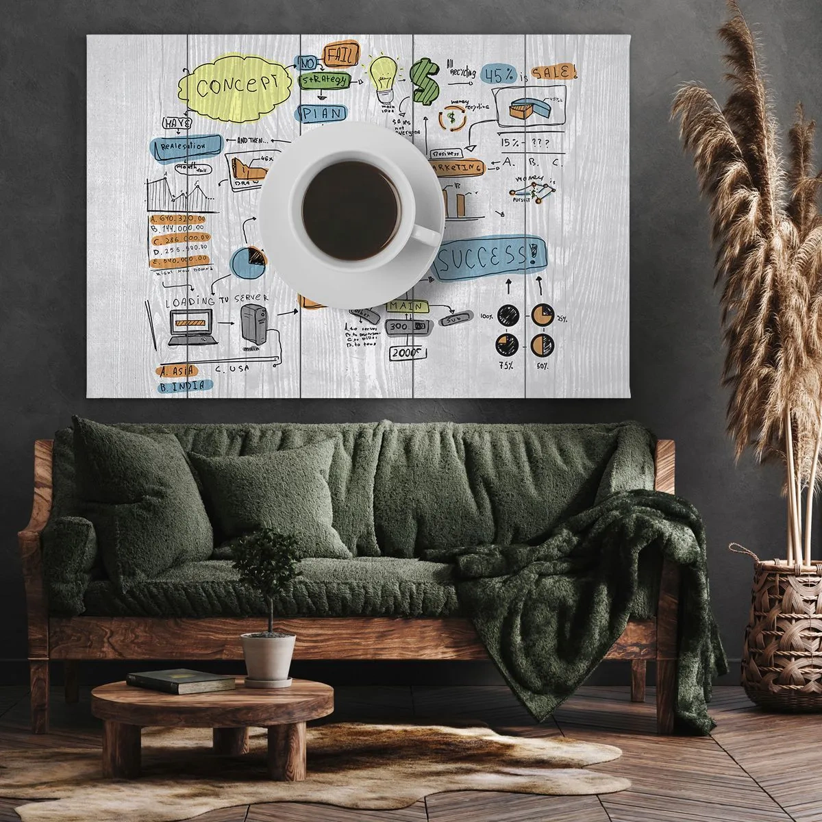 Impression sur toile - Image sur toile - Une tasse de café sur fond de dessin conceptuel - 70x50cm - Il est temps de faire une pause - Décoration murale moderne pour le salon et la chambre ARTTOR