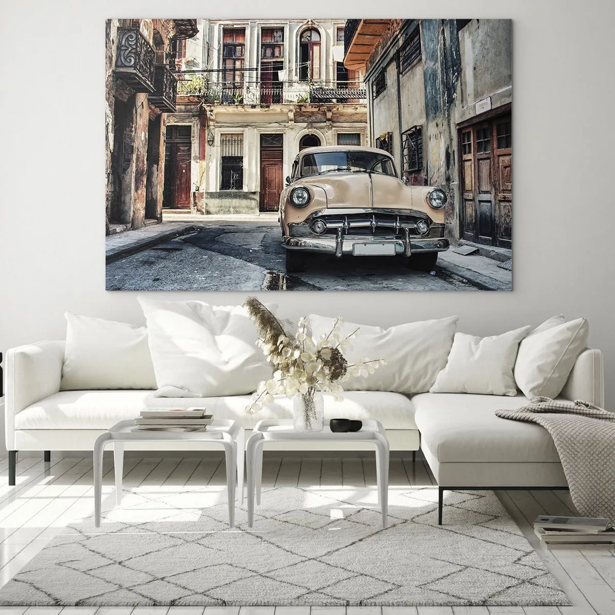 Impression sur verre - Image sur verre - Voiture rétro dans la rue de la vieille ville - 100x70cm - Sieste à La Havane - Décoration murale moderne pour le salon et la chambre ARTTOR