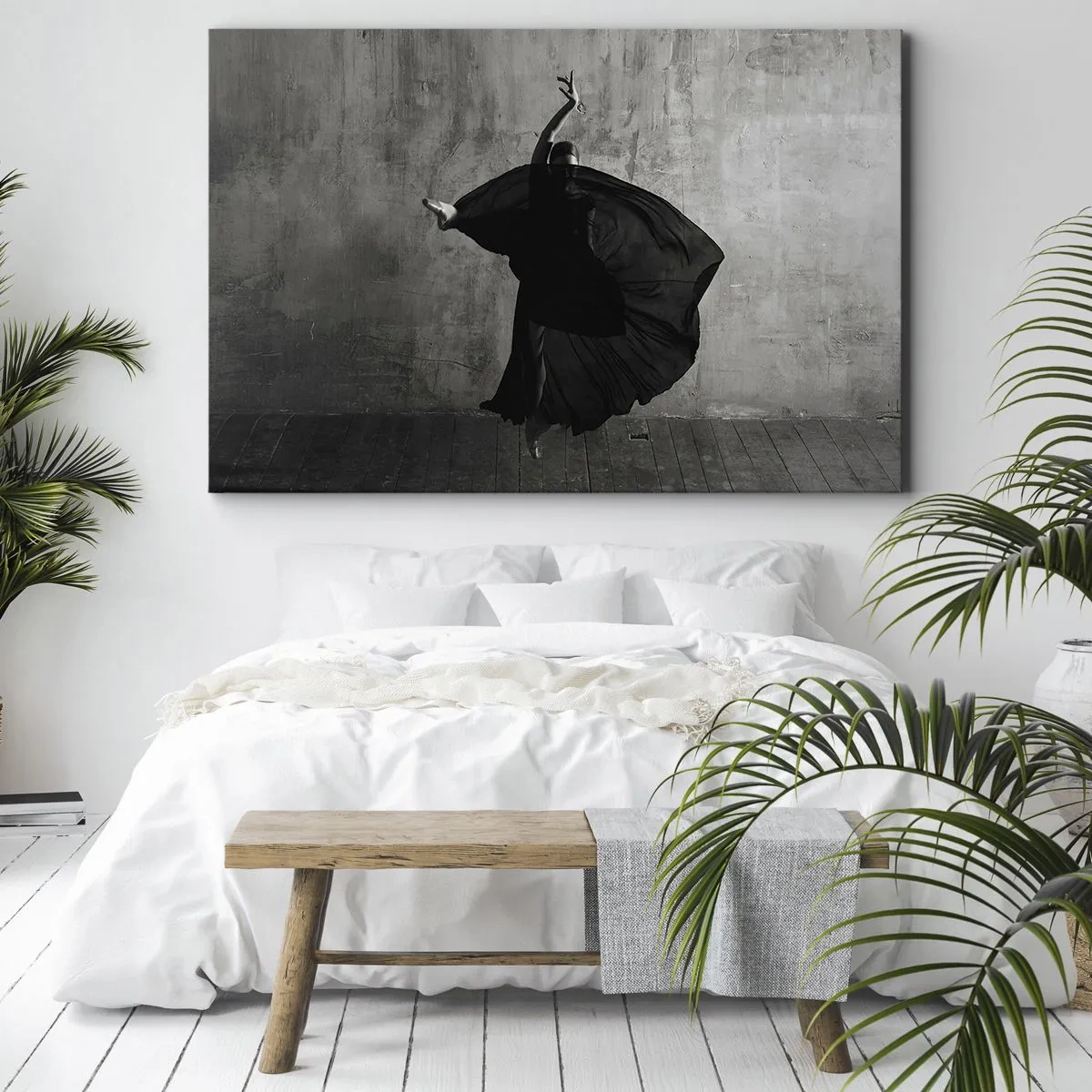 Impression sur toile - Image sur toile - Silhouette noire et blanche d'une danseuse en mouvement sur fond de mur - 120x80cm - Pas plein de passion - Décoration murale moderne pour le salon et la chambre ARTTOR