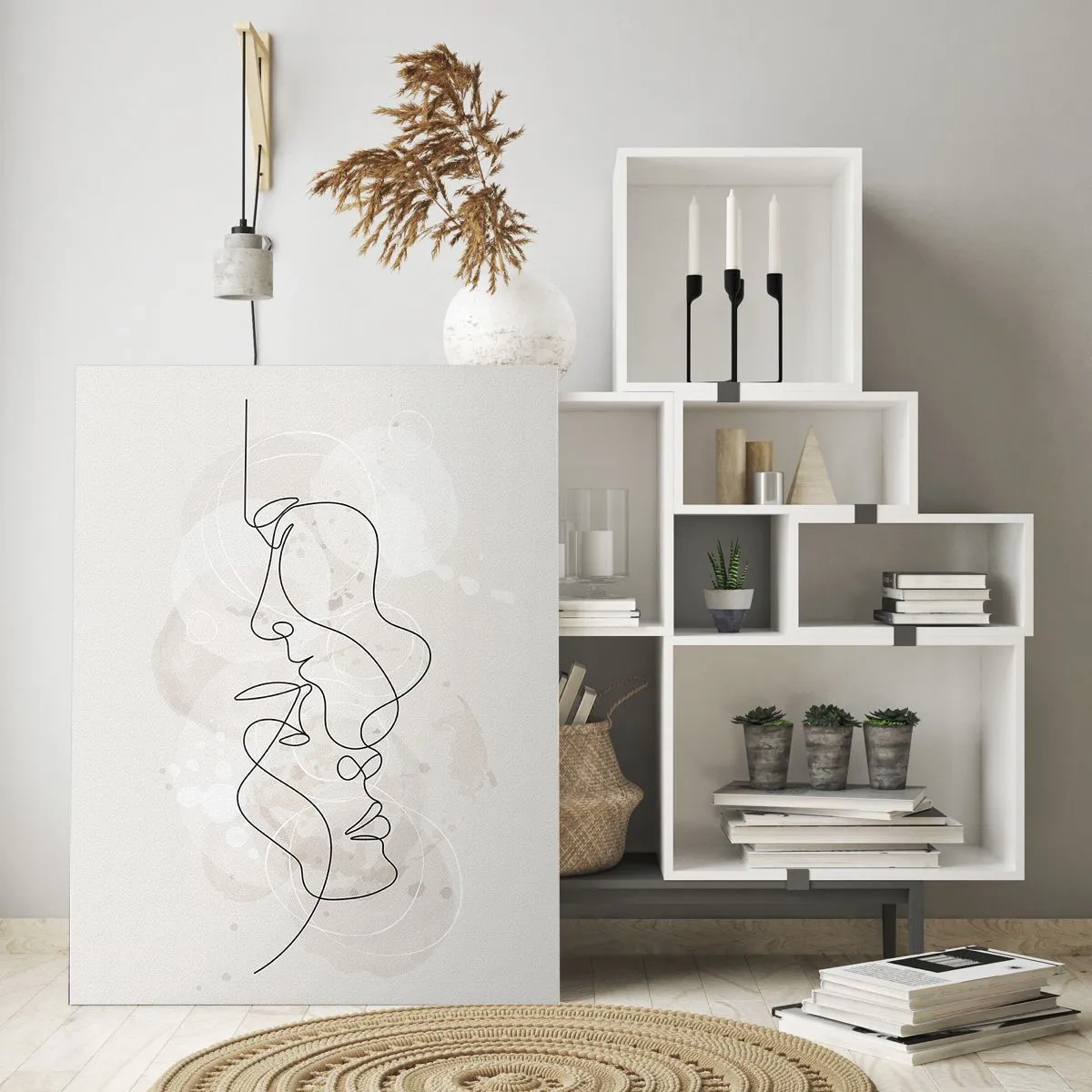 Impression sur verre - Image sur verre - Contour abstrait de deux visages sur fond clair - 70x100cm - Emmêlé dans une étreinte - Décoration murale moderne pour le salon et la chambre ARTTOR