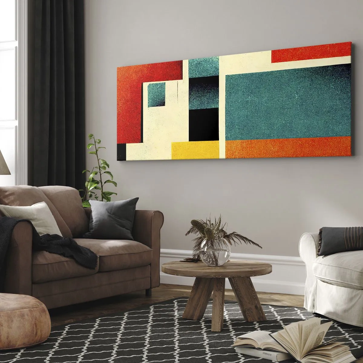 Impression sur toile - Image sur toile - Abstraction géométrique avec des rectangles et des carrés colorés - 140x50cm - Abstraction géométrique – bonne énergie - Décoration murale moderne pour le salon et la chambre ARTTOR