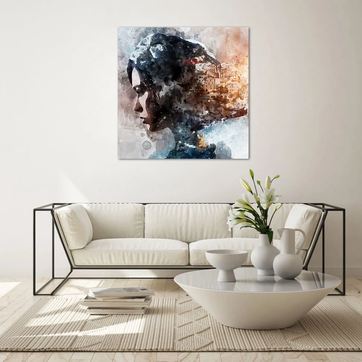 Impression sur verre - Image sur verre - L'histoire d'une fille avec une ville en arrière-plan - 70x70 cm