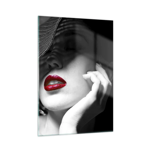 Impression sur verre - Image sur verre - Composition en noir et blanc avec un accent de lèvres rouges - 50x70cm - Étude écarlate - Décoration murale moderne pour le salon et la chambre ARTTOR