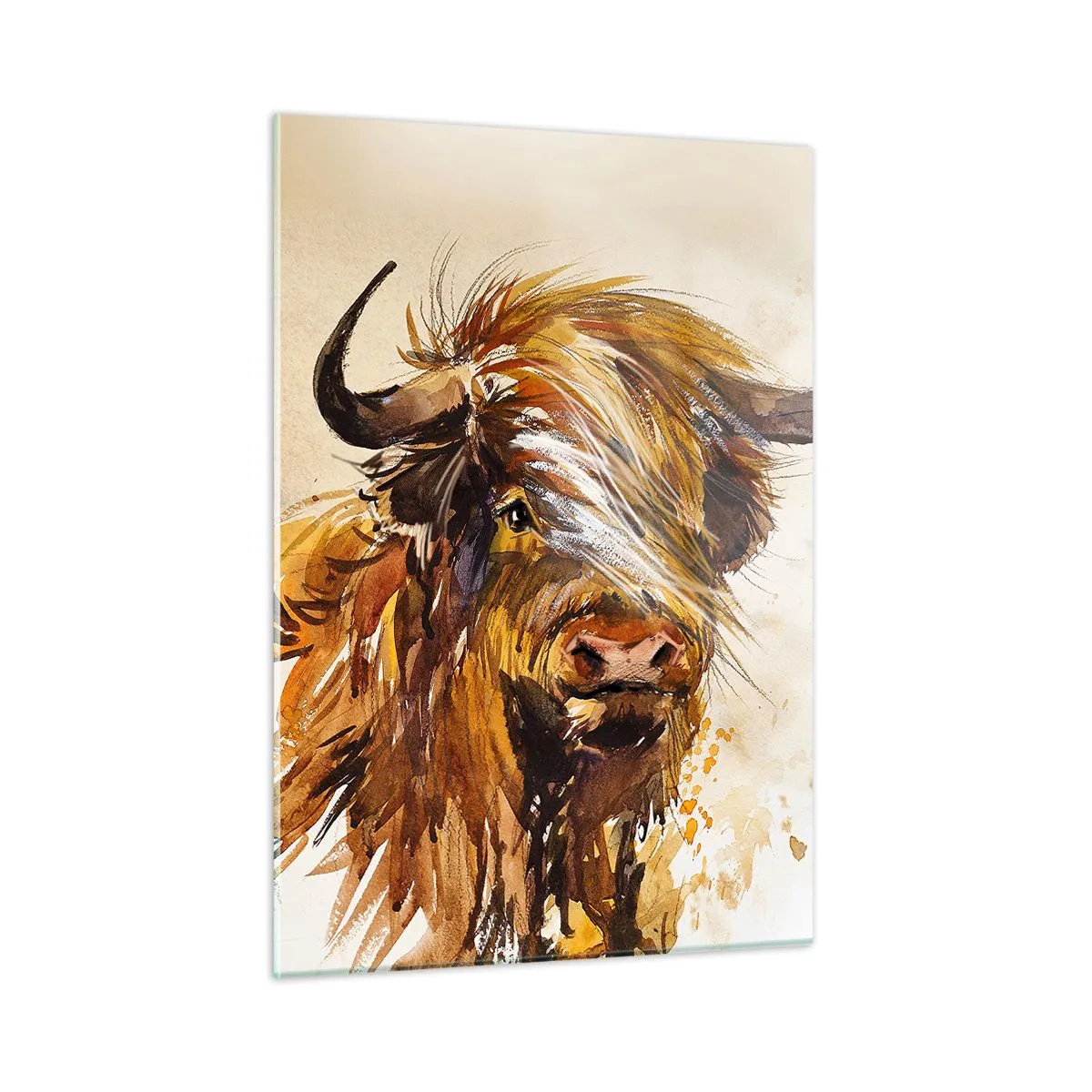 Impression sur verre - Image sur verre - Illustration à l'aquarelle d'un taureau écossais à poil long - 50x70cm - Fierté du chasseur - Décoration murale moderne pour le salon et la chambre ARTTOR