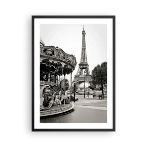 Affiche dans un cadre noir - Poster - Photo en noir et blanc du carrousel et de la tour en arrière-plan - 50x70cm - Aussi amusant, ce n'est qu'à Paris - Décoration murale moderne pour le salon et la chambre ARTTOR