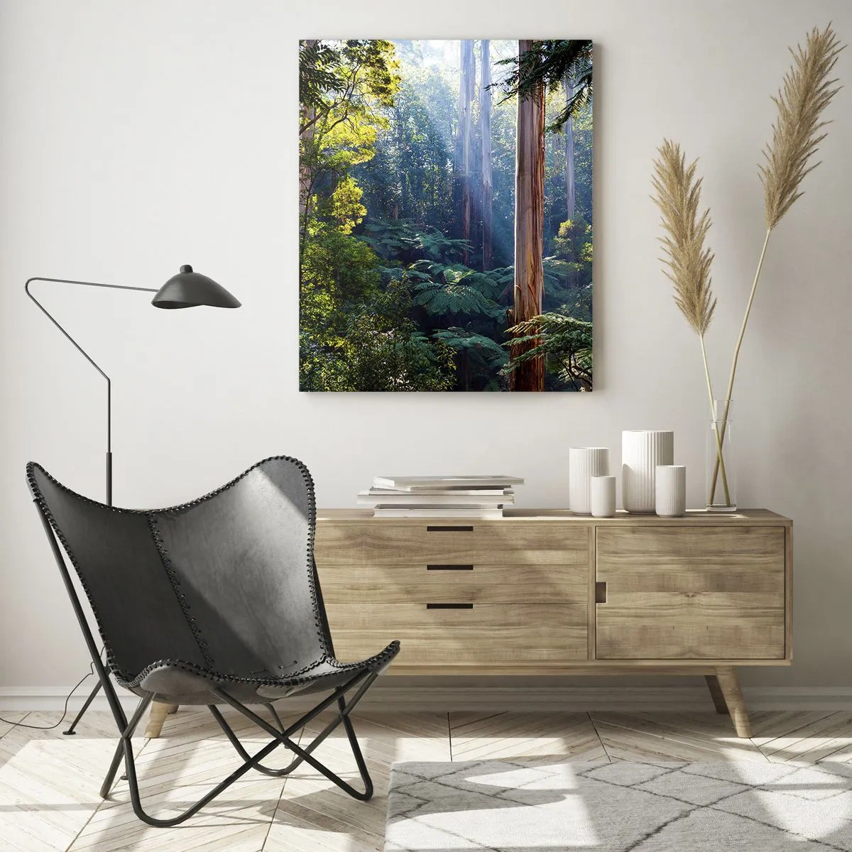 Impression sur verre - Image sur verre - Forêt tropicale verte avec des rayons de soleil - 50x70cm - Fable de la forêt - Décoration murale moderne pour le salon et la chambre ARTTOR