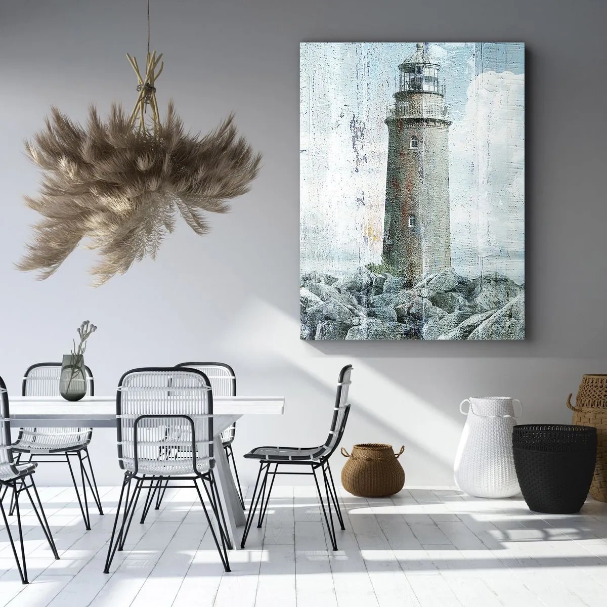 Impression sur toile - Image sur toile - Un phare sur une côte rocheuse aux couleurs pastel - 50x70cm - Sur du vieux bois - Décoration murale moderne pour le salon et la chambre ARTTOR