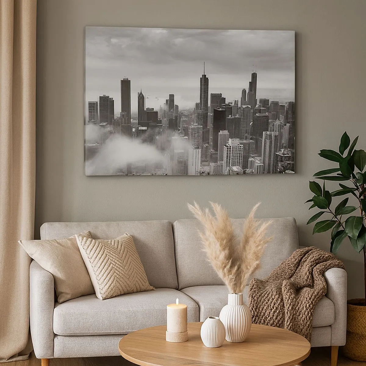 Impression sur toile - Image sur toile - Panorama de la ville avec des gratte-ciels dans les nuages en noir et blanc - 70x50cm - Paysage américain - Décoration murale moderne pour le salon et la chambre ARTTOR