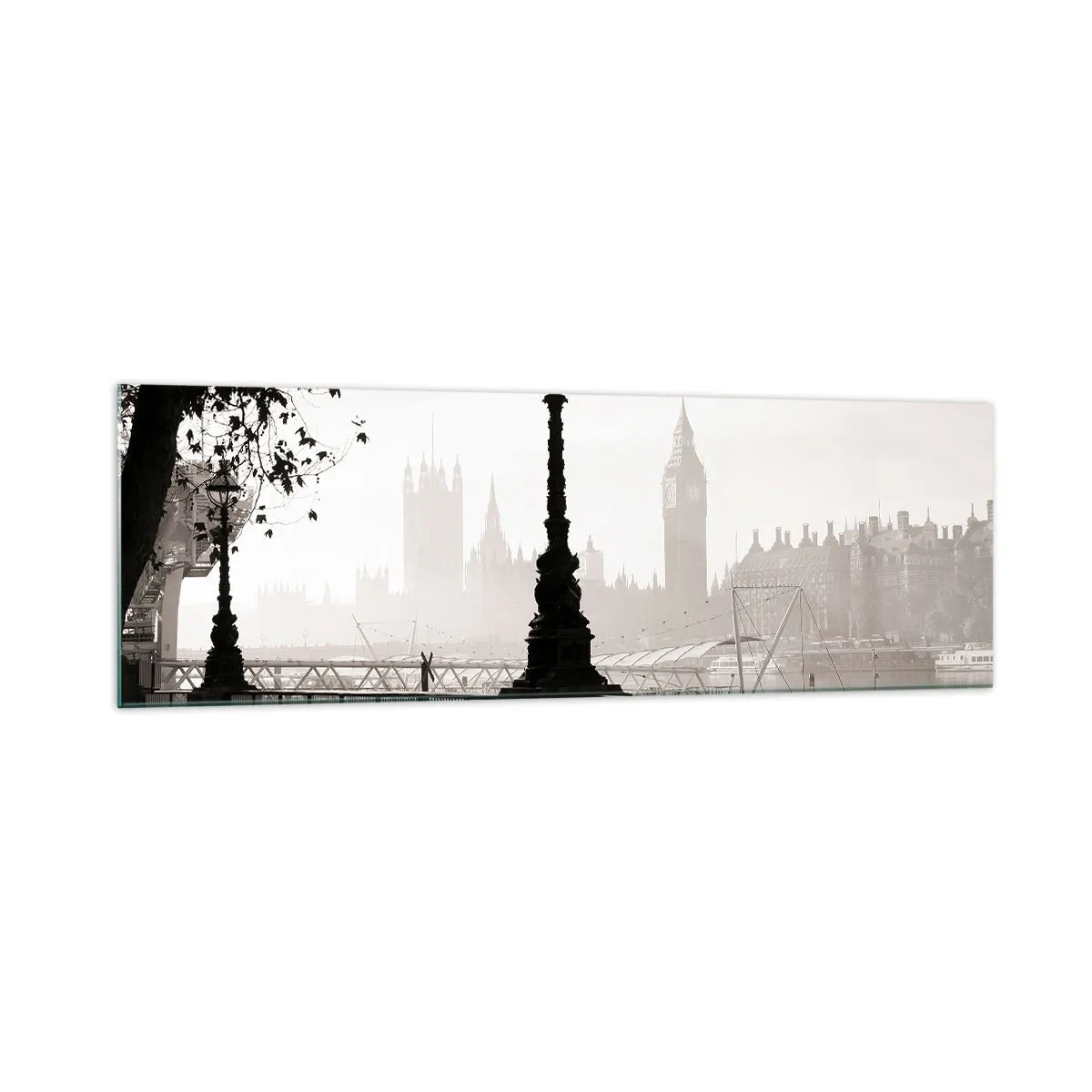 Impression sur verre - Image sur verre - Une vue monochrome de Big Ben et de la Tamise. - 160x50cm - Un matin londonien - Décoration murale moderne pour le salon et la chambre ARTTOR