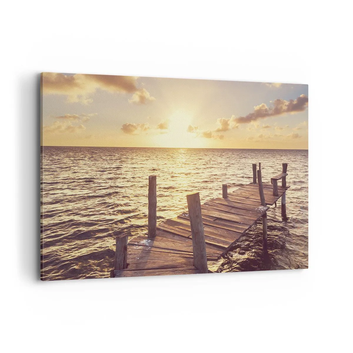 Impression sur toile - Image sur toile - Une jetée en bois menant vers le coucher du soleil - 120x80cm - La terre d'or de la douceur - Décoration murale moderne pour le salon et la chambre ARTTOR