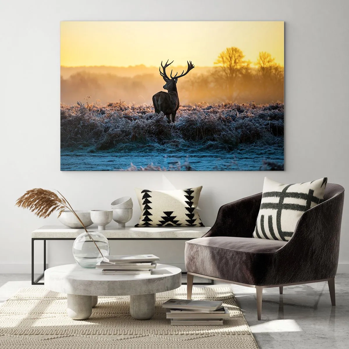 Impression sur verre - Image sur verre - Cerf par un matin glacial avec le lever du soleil en arrière-plan - 100x70cm - Couronné pour sa succession - Décoration murale moderne pour le salon et la chambre ARTTOR