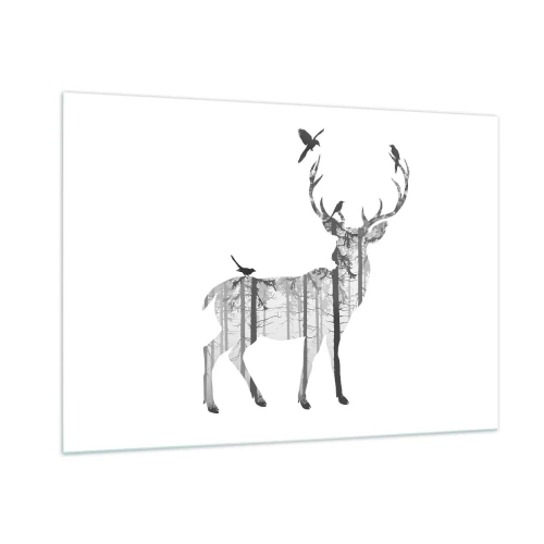 Impression sur verre - Image sur verre - Silhouette graphique d'un cerf avec un motif de forêt et d'oiseaux - 100x70cm - La bonne âme de la forêt - Décoration murale moderne pour le salon et la chambre ARTTOR