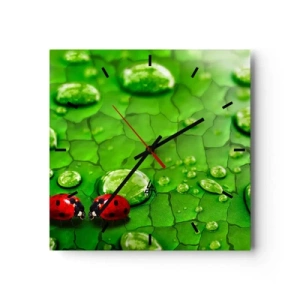 Horloge murale - Pendule murale - Deux coccinelles sur une feuille avec des gouttes d'eau en macrophotographie - 30x30cm - Rendez-vous au vert - Décoration murale moderne pour le salon et la chambre ARTTOR