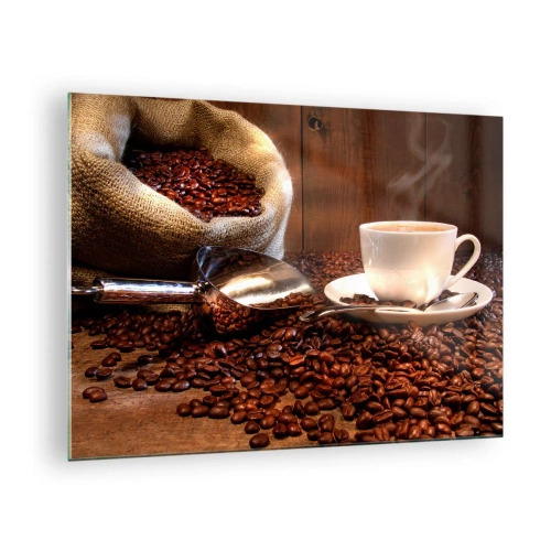 Impression sur verre - Image sur verre - Une tasse de café sur fond de haricots et d'un sac en jute - 70x50cm - Sentez-vous cette odeur? - Décoration murale moderne pour le salon et la chambre ARTTOR