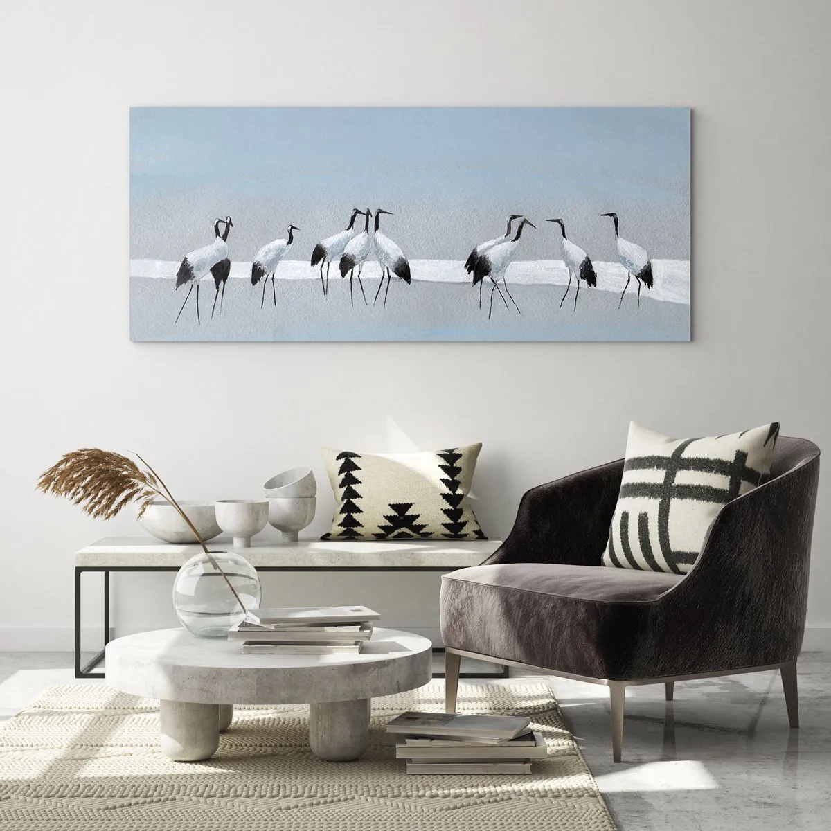 Impression sur verre - Image sur verre - Un groupe de grues contre un ciel bleu et le soleil levant - 120x50cm - Après une chaude journée - Décoration murale moderne pour le salon et la chambre ARTTOR