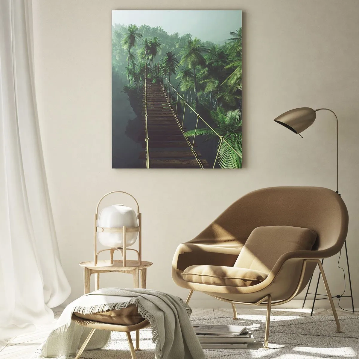 Impression sur verre - Image sur verre - Un pont suspendu dans une forêt tropicale entourée de brouillard. - 80x120cm - Au fil de la verdure - Décoration murale moderne pour le salon et la chambre ARTTOR