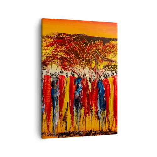Impression sur toile - Image sur toile - Une scène colorée avec des personnages africains sur fond de soleil couchant. - 50x70cm - Là-bas, là-bas, ils vont là-bas - Décoration murale moderne pour le salon et la chambre ARTTOR