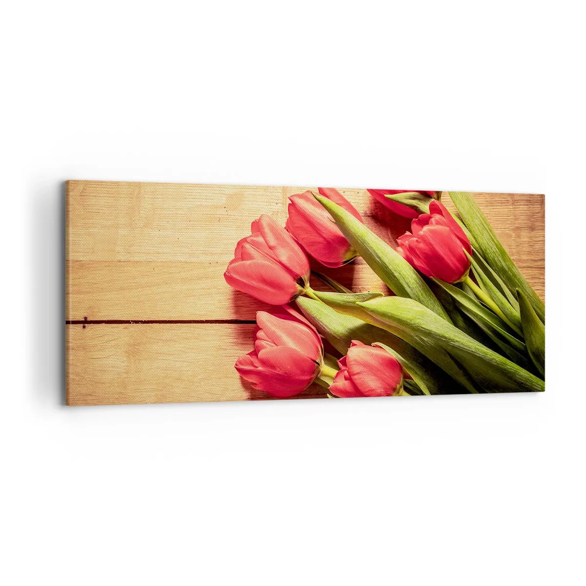 Impression sur toile - Image sur toile - Un bouquet de tulipes roses sur un fond en bois - 120x50cm - Défi du printemps - Décoration murale moderne pour le salon et la chambre ARTTOR