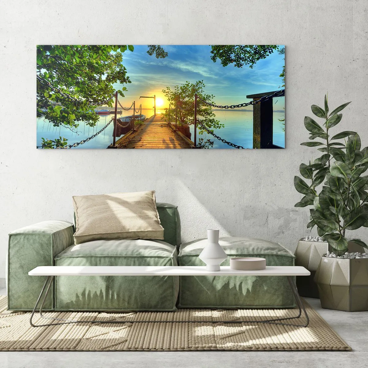 Impression sur verre - Image sur verre - Une jetée sur le lac dans les rayons du soleil couchant - 120x50cm - L'ouest au-dessus de l'eau - Décoration murale moderne pour le salon et la chambre ARTTOR
