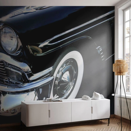 Papier Peint Photo Premium Sand - Gros plan d'une voiture noire classique - 100x70cm - Classique en argent, noir et blanc - Décoration murale moderne pour le salon et la chambre ARTTOR