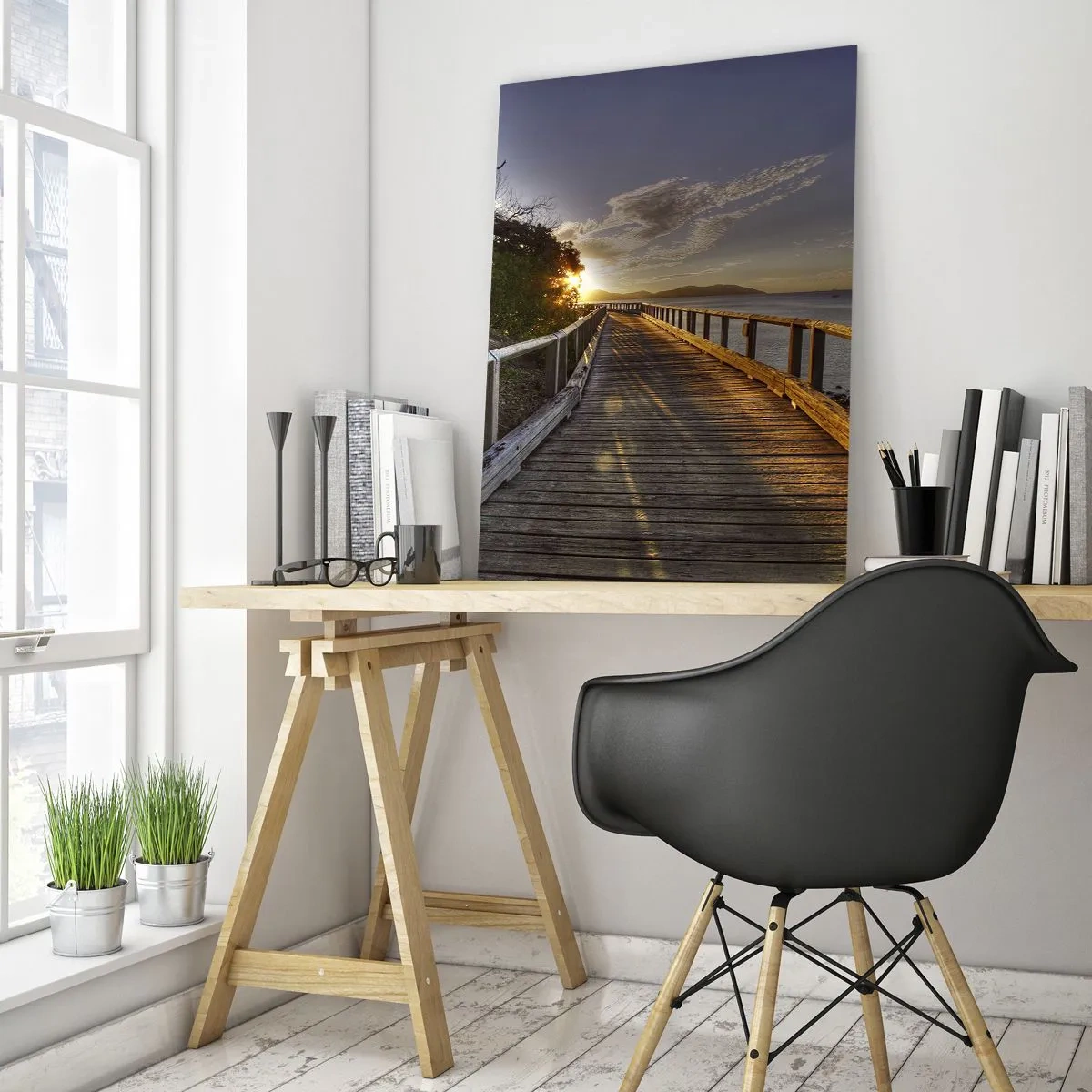 Impression sur verre - Image sur verre - Passerelle en bois au coucher du soleil - 50x70cm - Aller, aller tout le temps en direction du soleil - Décoration murale moderne pour le salon et la chambre ARTTOR