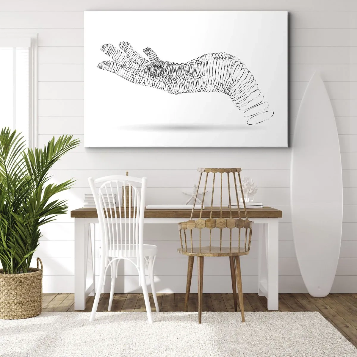 Impression sur toile - Image sur toile - Une illustration minimaliste d'une main faite de points noirs sur fond blanc. - 120x80cm - La main ressort - Décoration murale moderne pour le salon et la chambre ARTTOR