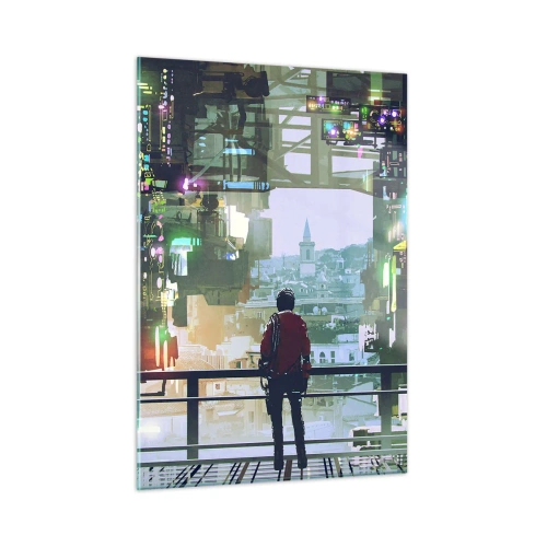 Impression sur verre - Image sur verre - Une figure sur fond de ville futuriste avec vue sur la vieille ville - 50x70cm - Deux mondes - Décoration murale moderne pour le salon et la chambre ARTTOR