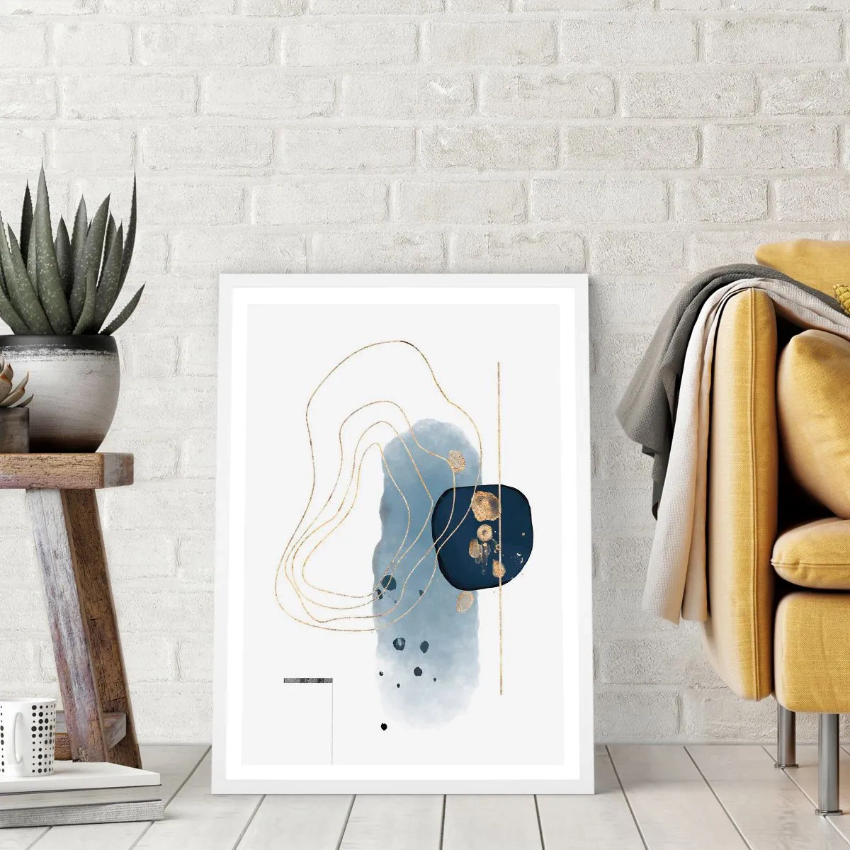 Affiche dans un cadre blanc - Poster - Fantaisie bleu et or - 70x100 cm