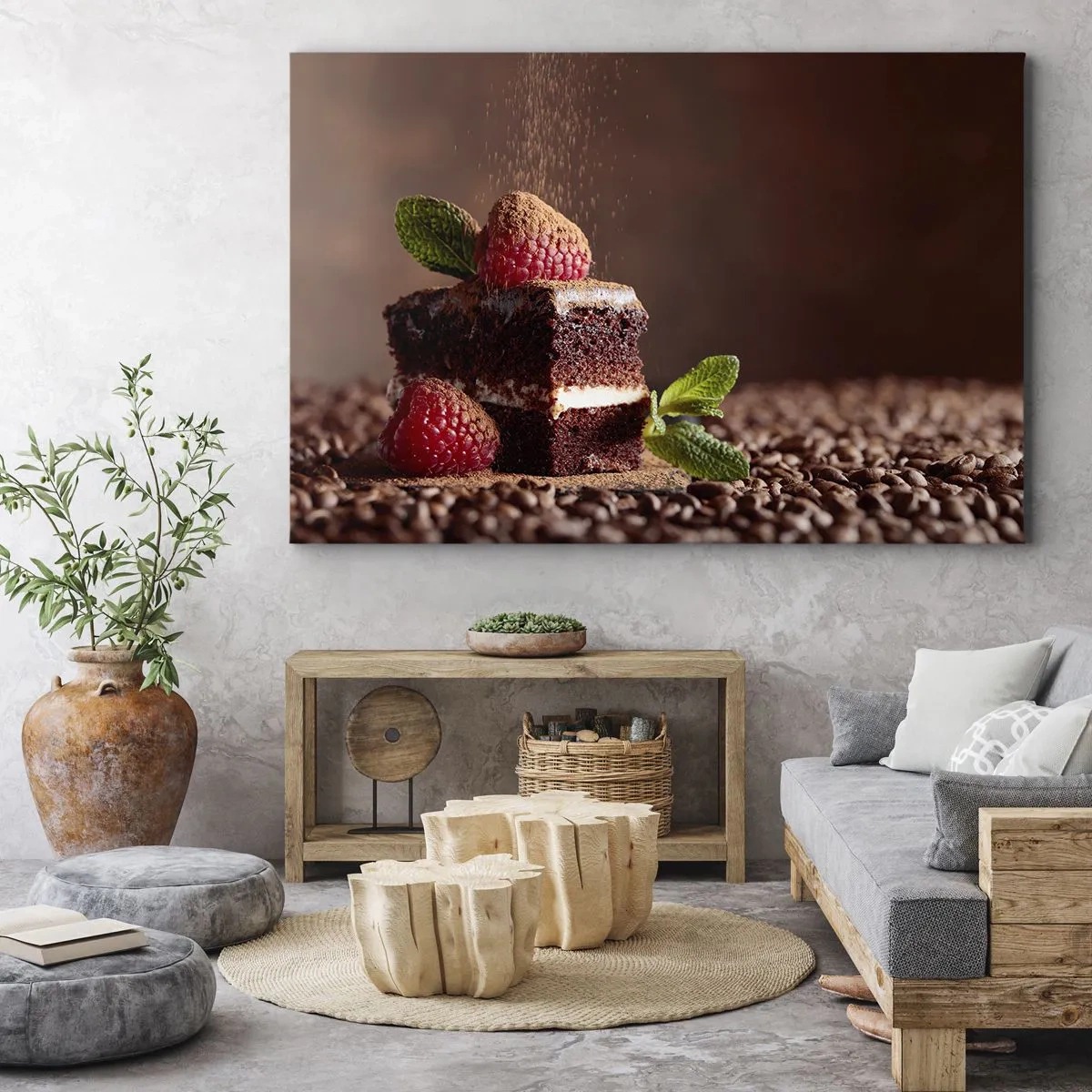 Impression sur toile - Image sur toile - Gâteau au chocolat aux framboises et à la menthe sur fond de fèves de cacao - 100x70cm - La vie est douce - Décoration murale moderne pour le salon et la chambre ARTTOR