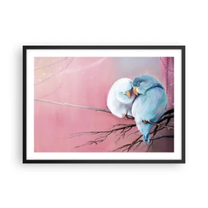 Affiche dans un cadre noir - Poster - Deux oiseaux amoureux sur une branche sur fond rose - 70x50cm - Que dire de plus?... - Décoration murale moderne pour le salon et la chambre ARTTOR