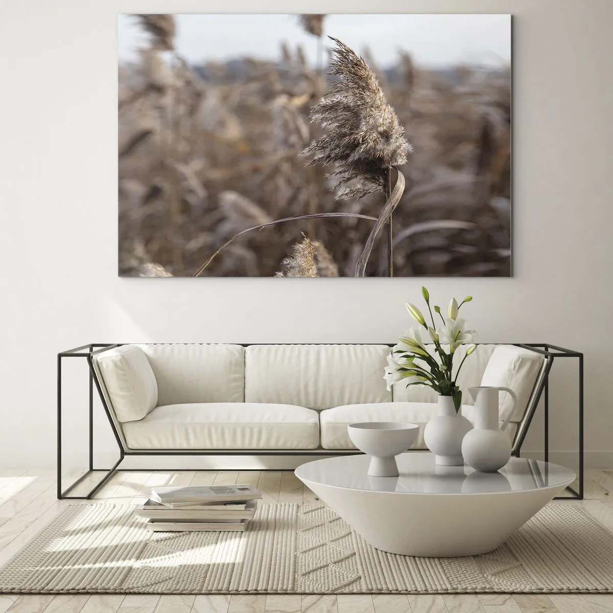 Impression sur verre - Image sur verre - Gros plan sur l'herbe sèche se balançant dans le vent - 120x80cm - Il est temps de s'envoler avec le vent - Décoration murale moderne pour le salon et la chambre ARTTOR