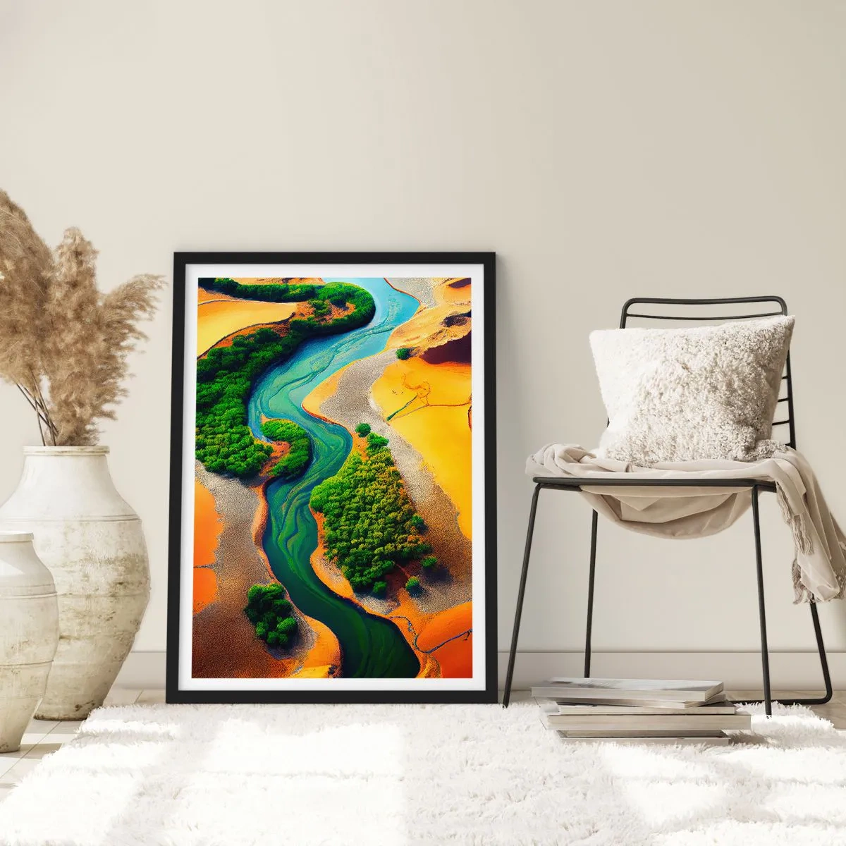 Affiche dans un cadre noir - Poster - Un paysage coloré avec une rivière sinueuse - 50x70cm - Rivière vivifiante - Décoration murale moderne pour le salon et la chambre ARTTOR