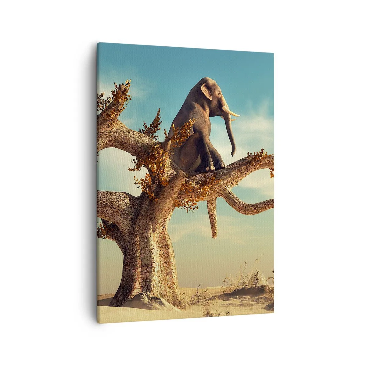Impression sur toile - Image sur toile - Un éléphant assis sur un arbre dans un paysage surréaliste - 50x70cm - Nouveau point de vue - Décoration murale moderne pour le salon et la chambre ARTTOR