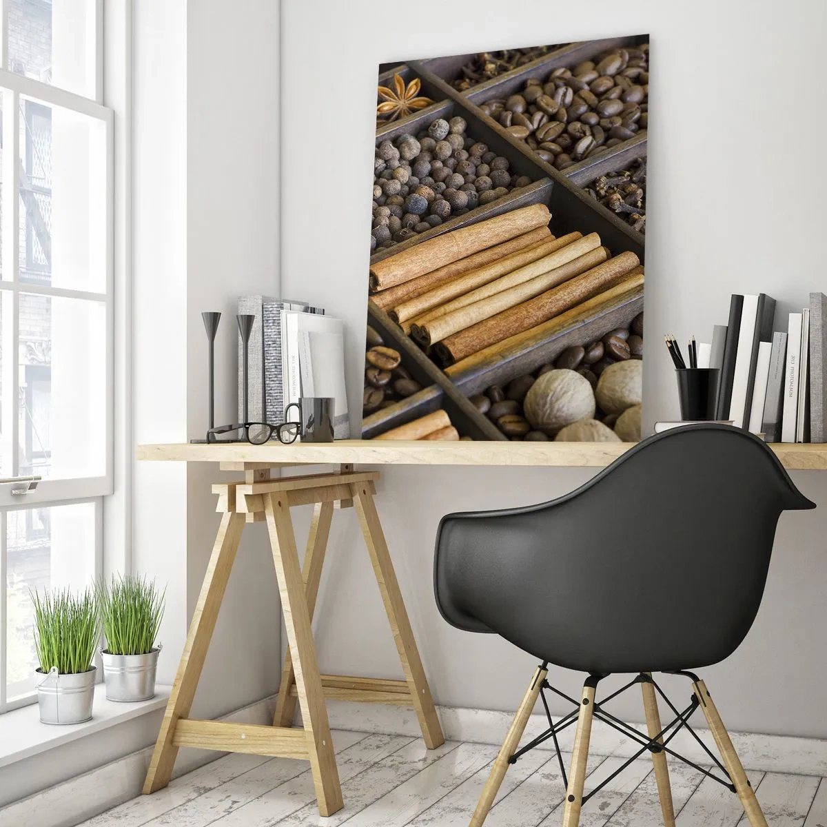 Impression sur verre - Image sur verre - Épices dans des compartiments en bois - 50x70cm - Trésor d'arômes - Décoration murale moderne pour le salon et la chambre ARTTOR