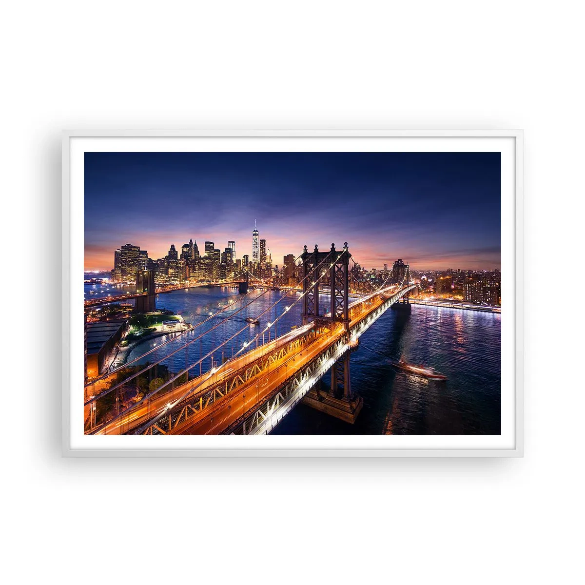 Affiche dans un cadre blanc - Poster - Un pont lumineux au cœur de la ville - 100x70 cm