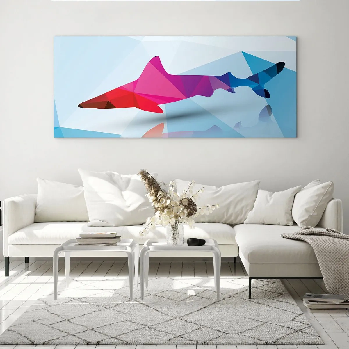 Impression sur verre - Image sur verre - Silhouette de requin géométrique dans les tons rose et bleu - 140x50cm - Un requin dans un espace de cristal - Décoration murale moderne pour le salon et la chambre ARTTOR
