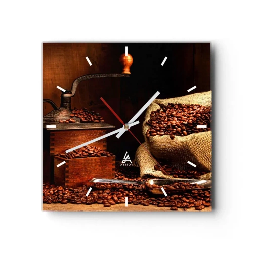 Horloge murale - Pendule murale - Un vieux moulin à café avec des grains et un sac dans un style rustique. - 30x30cm - Nature morte avec grains de café et moulin - Décoration murale moderne pour le salon et la chambre ARTTOR